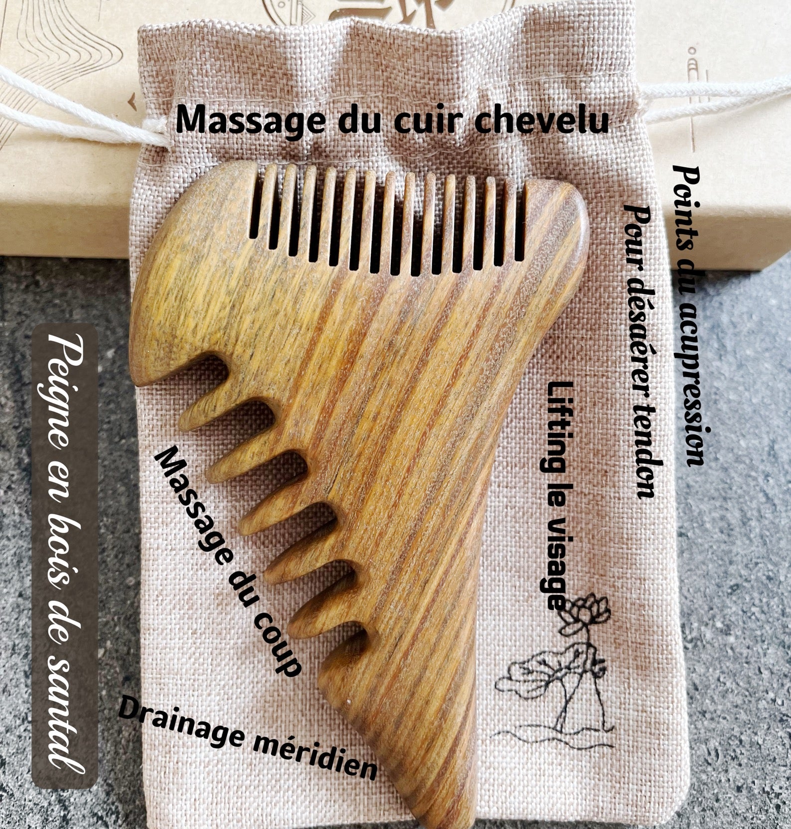Peigne de massage du cuir chevelu et du cou Bois de santal